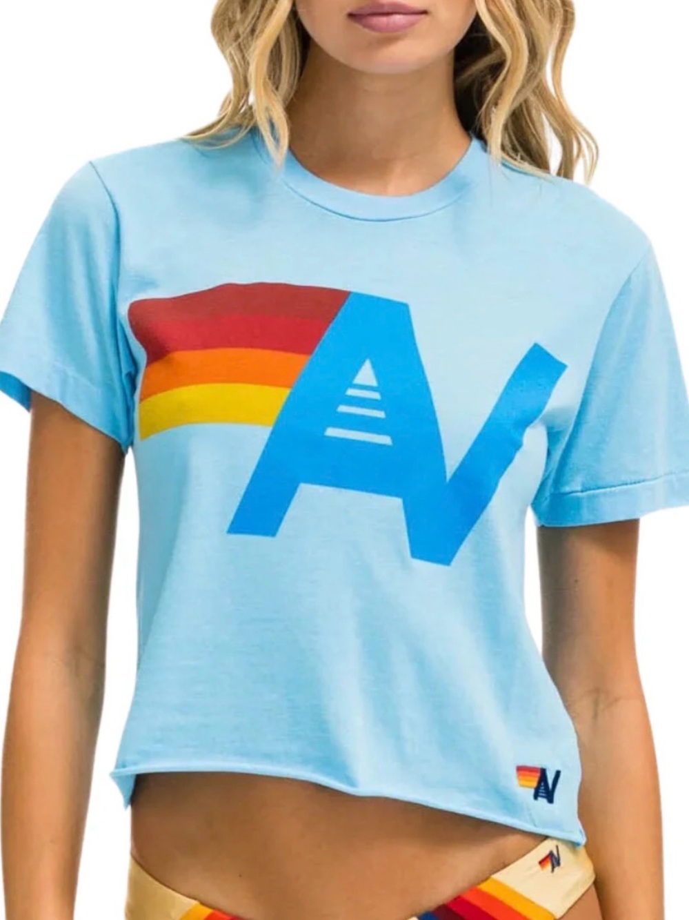 Aviator Nation Light Blue Crop Tee with Rainbow 'A' Graphic
